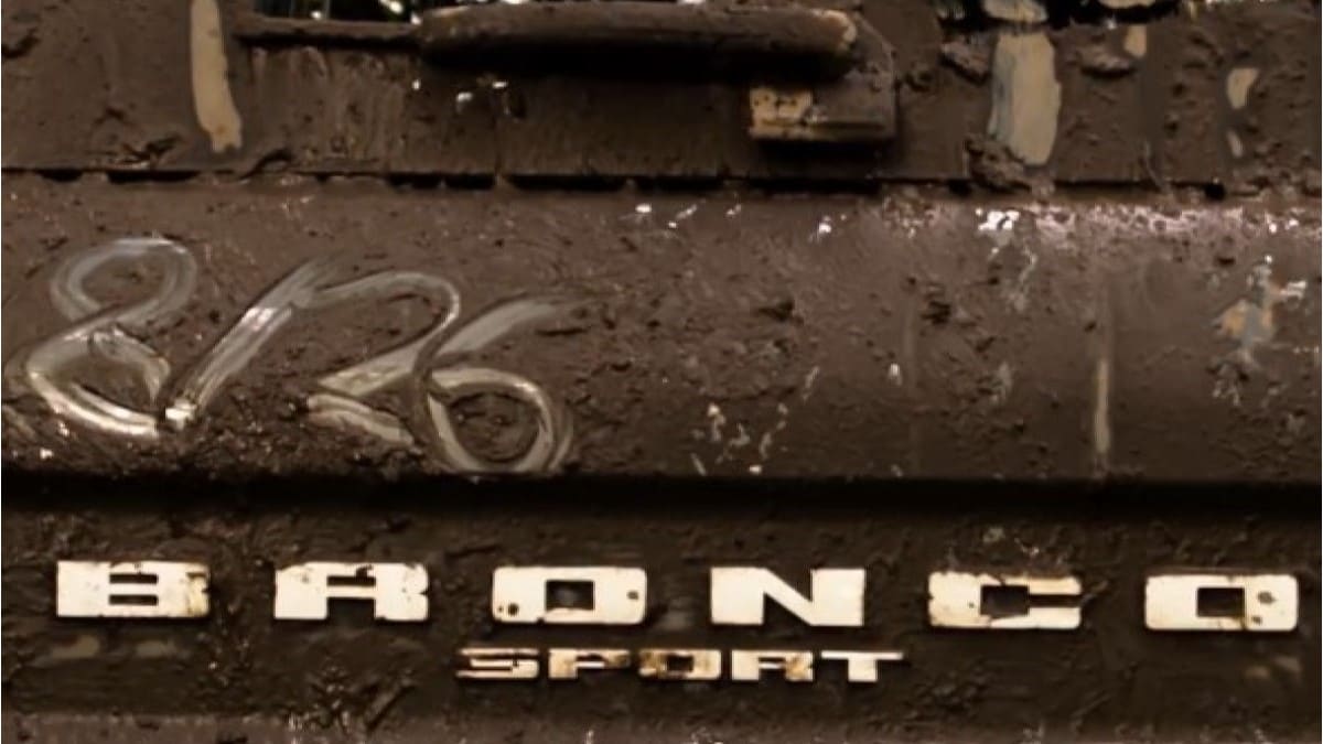 A teaser shot hinting at the reveal of a Ford Bronco Sport Sasquatch