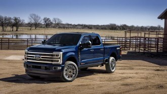 The 2025 Ford F-350 Super Duty in Platinum Plus trim seen from a front three-quarter angle