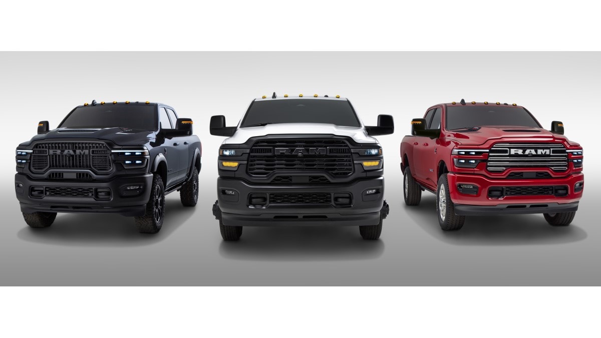 Three trim levels of the 2025 Ram HD seen from head on