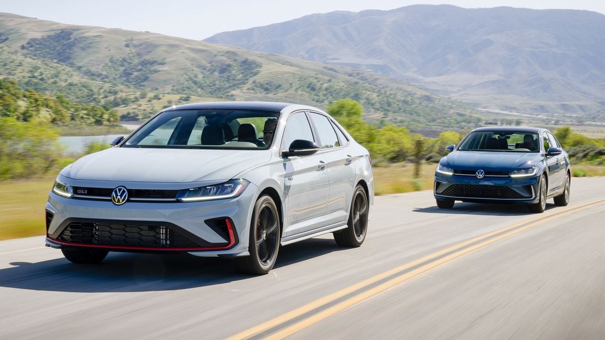2025 Volkswagen Jetta GLI and Jetta driving on a road.