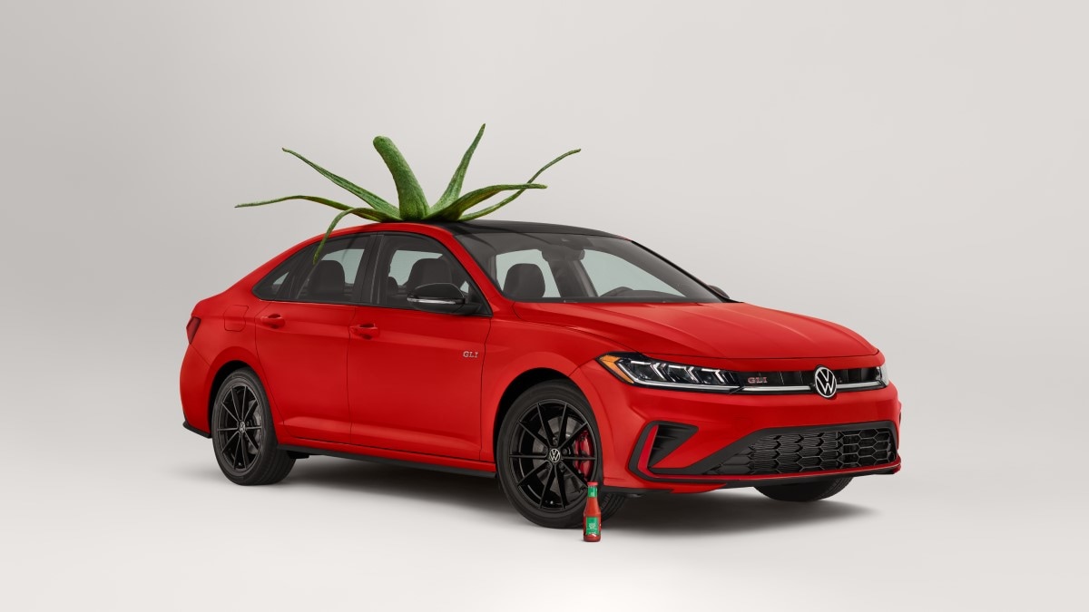 A promotional image for Volkswagen's Gewürz ketchup showing a 205 VW Jetta disguised as a tomato.
