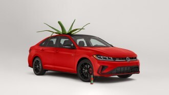A promotional image for Volkswagen's Gewürz ketchup showing a 205 VW Jetta disguised as a tomato.