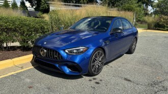 The 2024 Mercedes-AMG S E Performance sedan seen from a front quarter angle