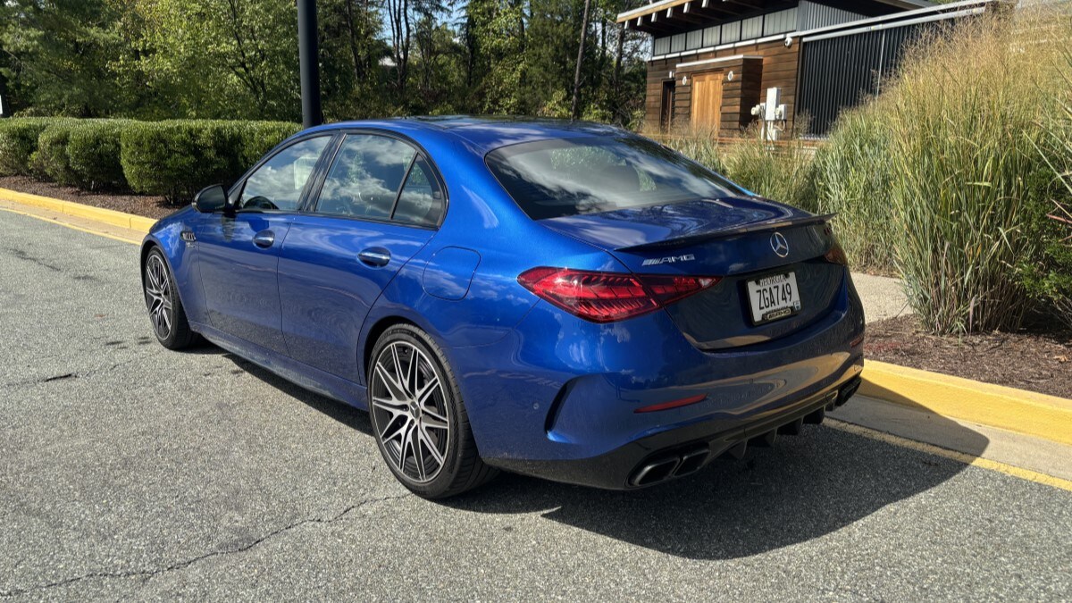 The 2024 Mercedes-AMG S E Performance sedan seen from a rear quarter angle