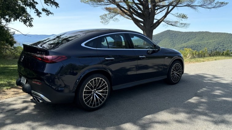The 2024 Mercedes-AMG GLC 43 Coupe seen from a rear quarter angle