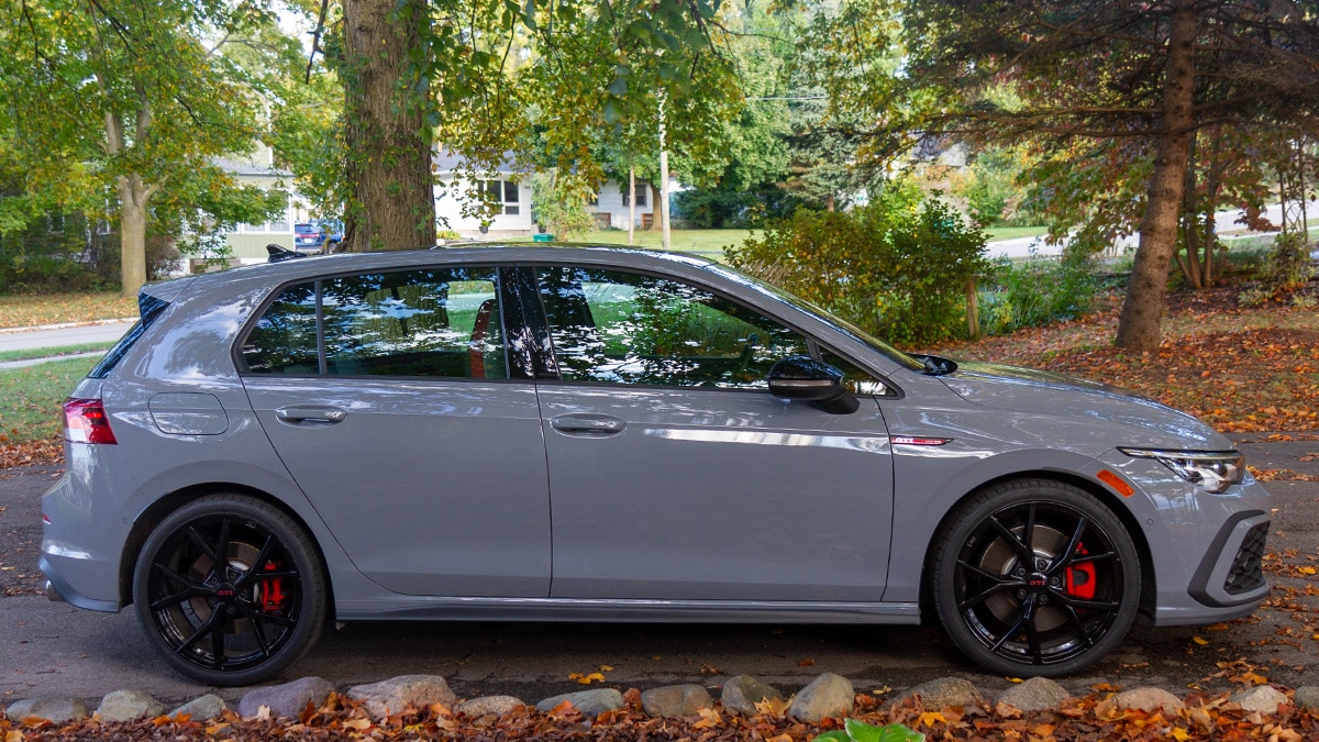 The 2025 Volkswagen Golf GTI seen in profile