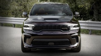 The 2025 Dodge Durango SRT Hellcat Brass Monkey seen from head on
