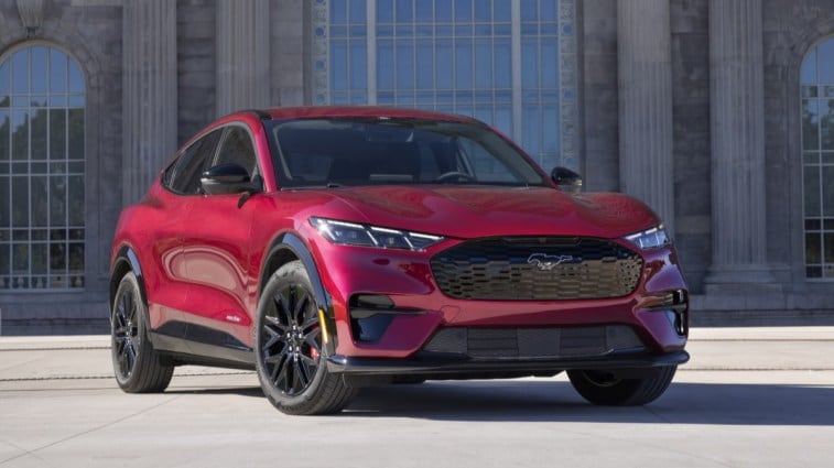 The 2025 Ford Mustang Mach-E seen from a front quarter angle