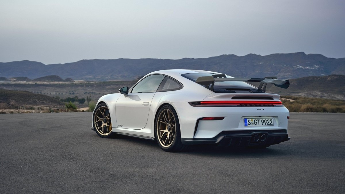 The 2025 Porsche 911 GT3 seen from a rear quarter angle