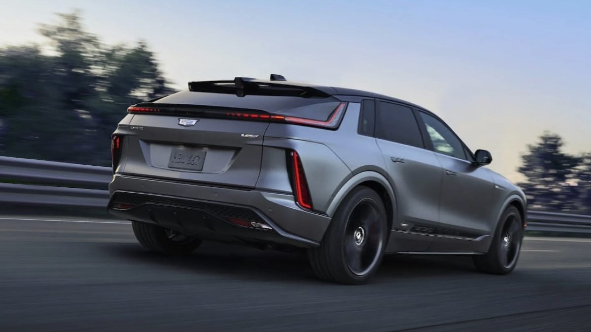 The 2026 Cadillac Lyriq-V, seen from a rear quarter angle