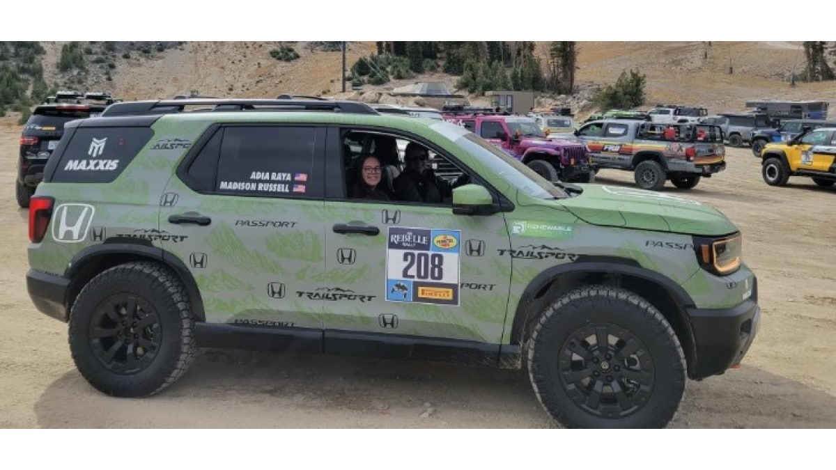 The updated 2026 Honda Passport seen from a front quarter angle as entered in the 2025 Rebelle Rally