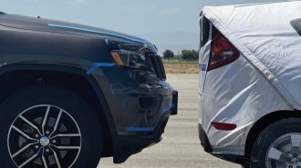 A still photo of an automatic emergency braking test, courtesy of AAA