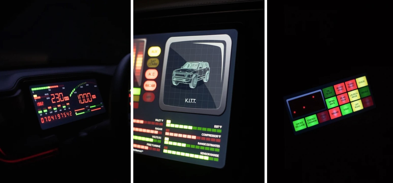 A Rivian R1S displaying its Knight Rider Halloween costume