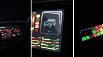 A Rivian R1S displaying its Knight Rider Halloween costume