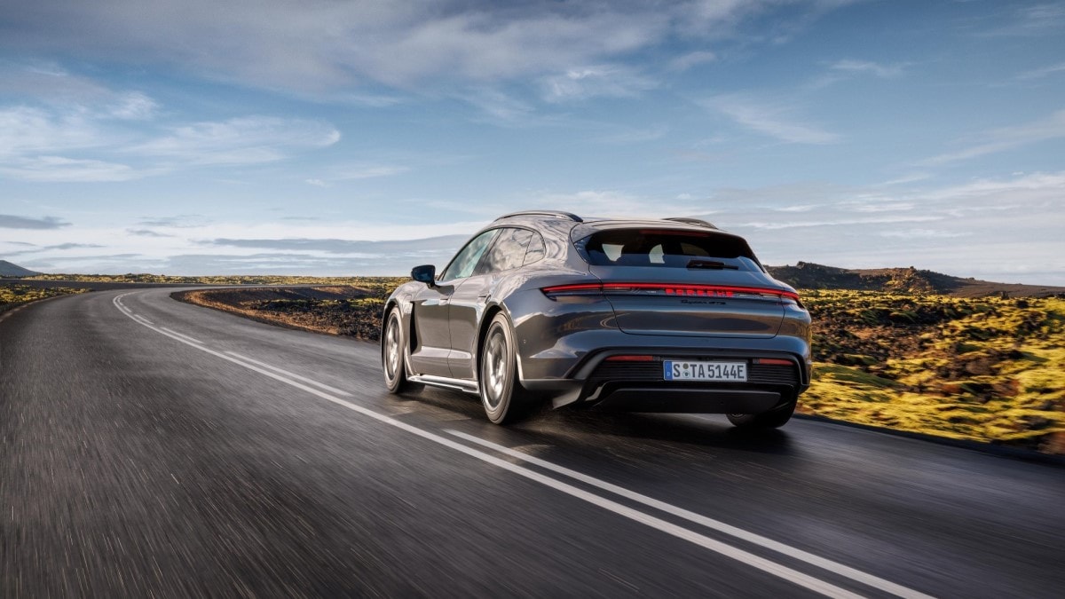 The 2025 Porsche Taycan Cross Turismo seen from a rear quarter angle