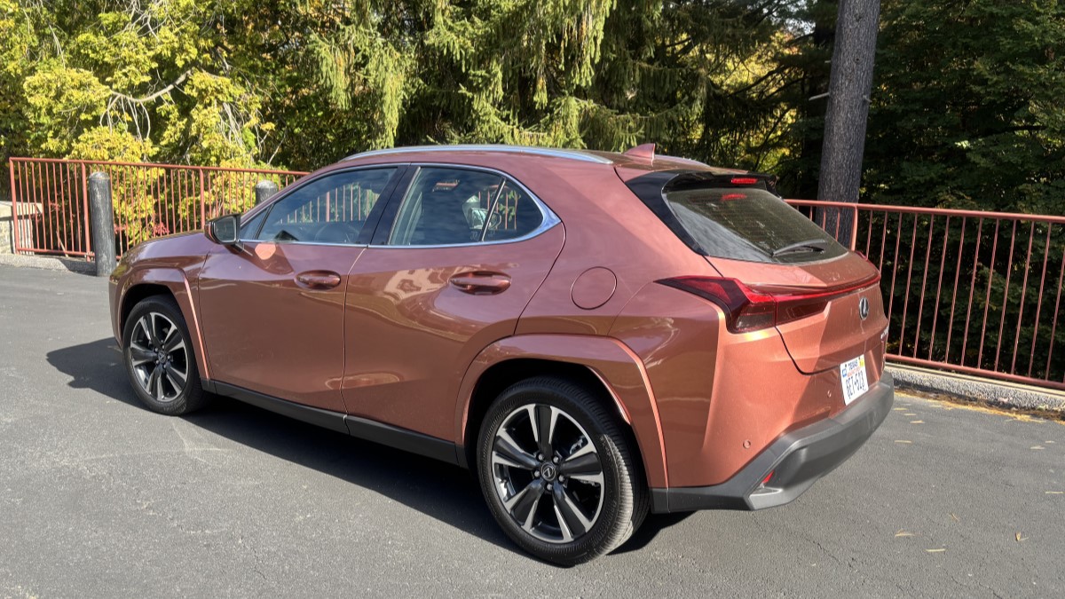 The 2025 Lexus UX300h seen from a rear quarter angle