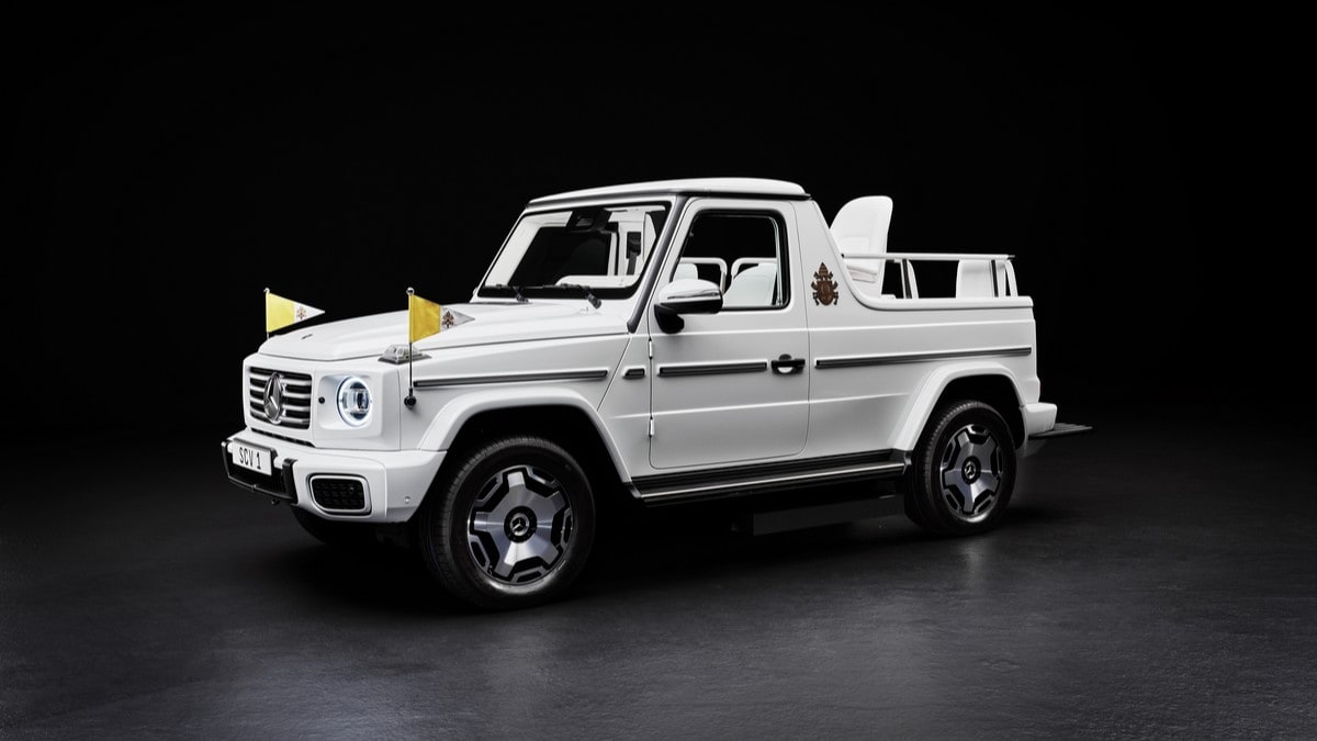 The new all-electric Popemobile seen from a front quarter angle