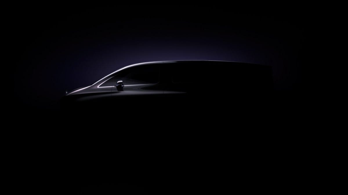 A teaser image showing a new electric midsize van planned by Mercedes-Benz
