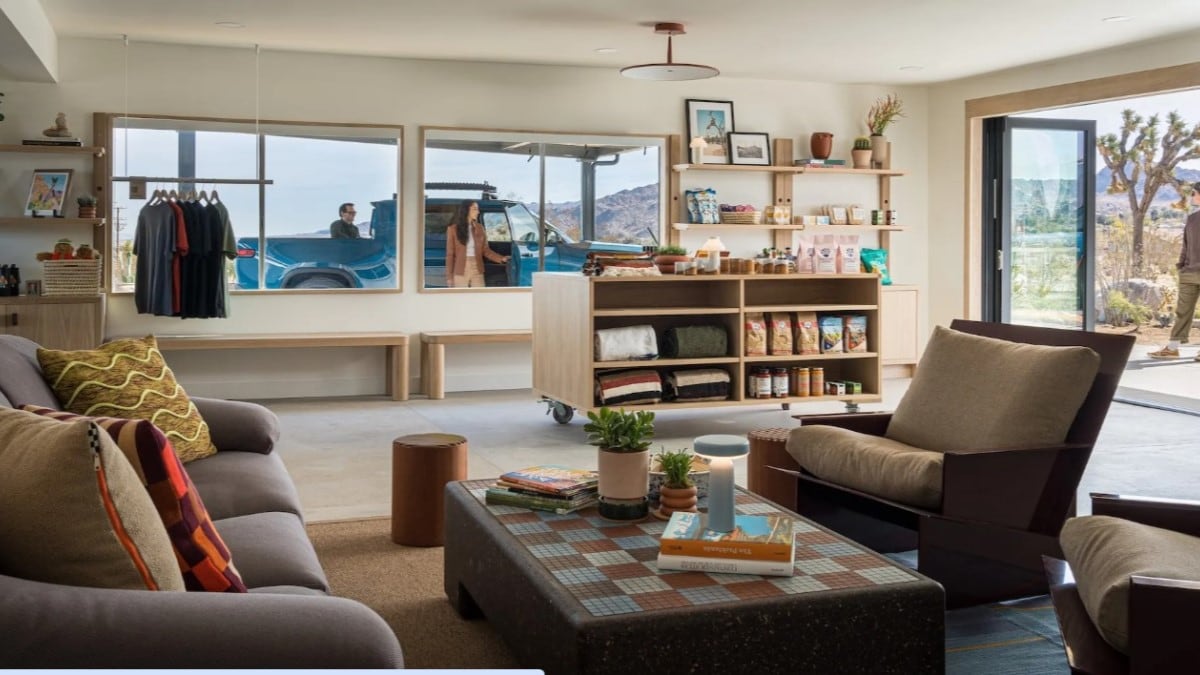 The interior of a Rivian Outpost charging location in Joshua Tree, California