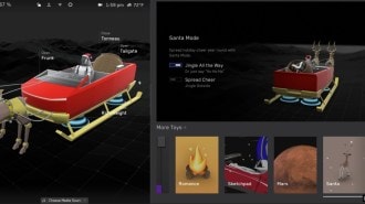 A Tesla displaying Santa's sleigh after the 2024 holiday update