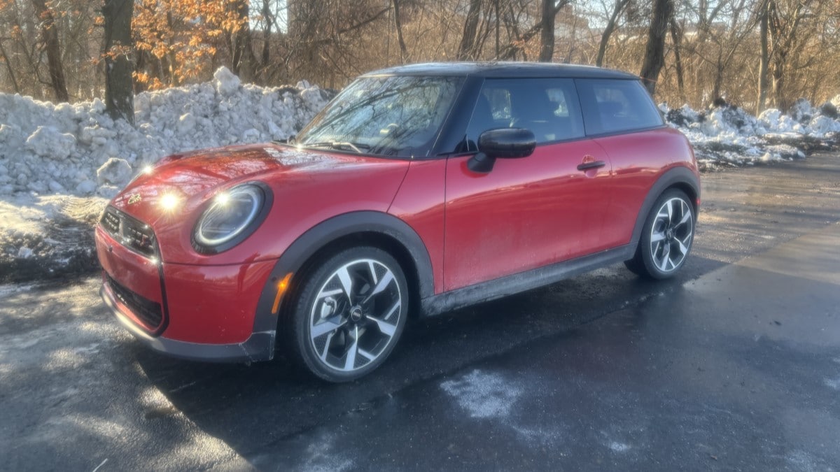 The 2025 Mini Cooper Hardtop 2-Door seen from a front quarter angle in snow