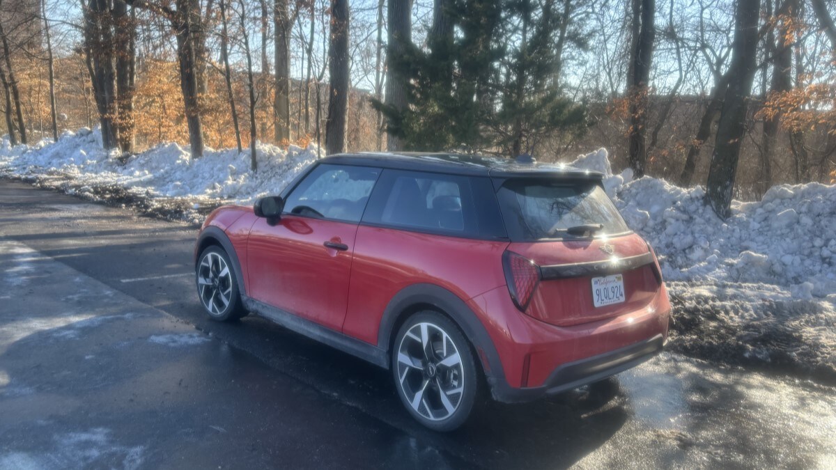 The 2025 Mini Cooper Hardtop 2-Door seen from a rear quarter angle in snow