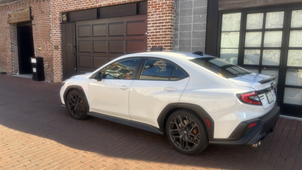 The 2025 Subaru WRX tS seen from a rear quarter angle
