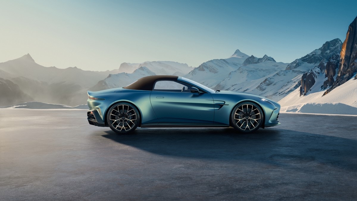 The 2026 Aston Martin Vantage Roadster in profile with its top up