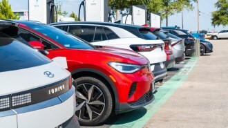 Various electric car models at a public charging station.