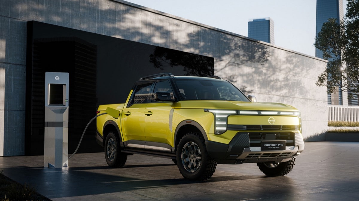 The 2025 Nissan Frontier Pro PHEV, produced for China and not the U.S., seen from a front quarter angle