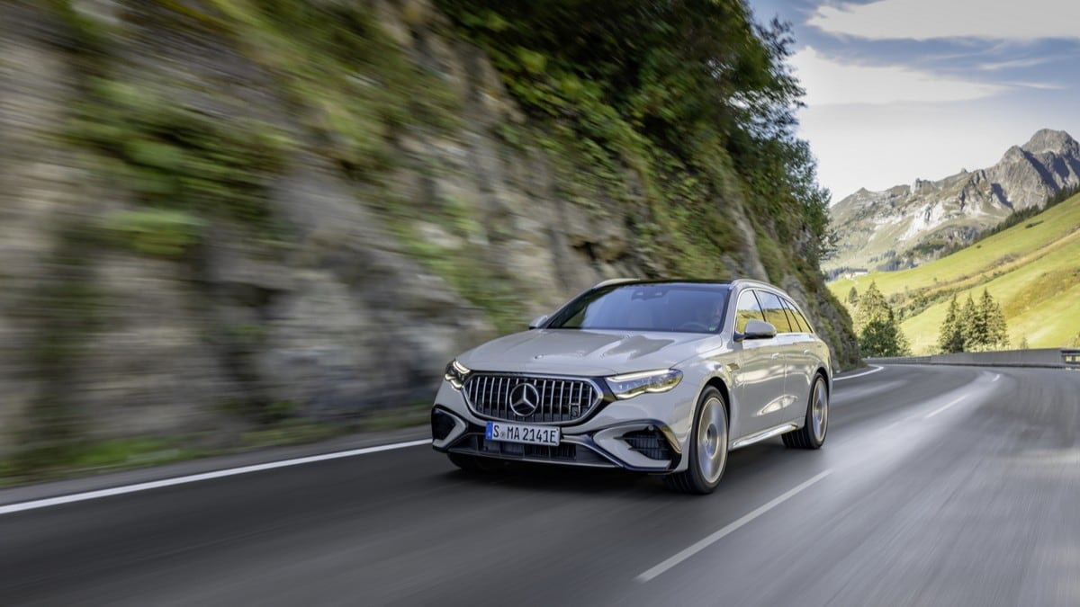 The 2026 Mercedes-AMG E53 Hybrid Wagon seen from a front quarter angle