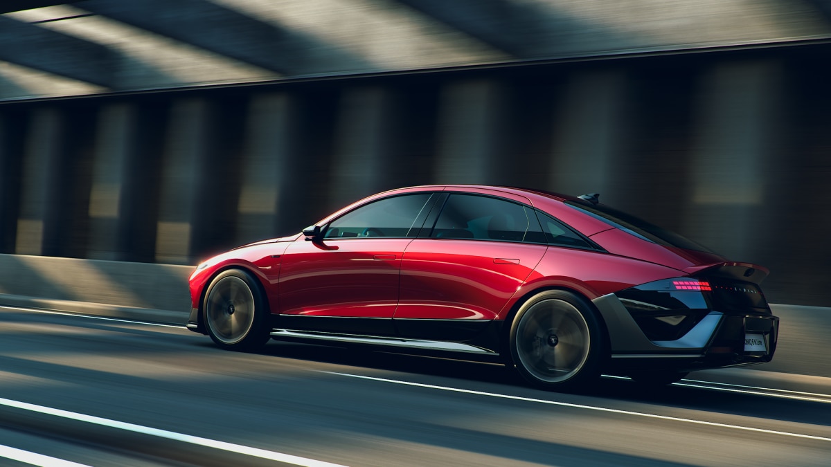 The 2026 Hyundai Ioniq 6 N Line seen from a rear quarter angle