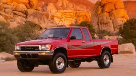 The 1991 compact Toyota Pickup seen from a front quarter angle