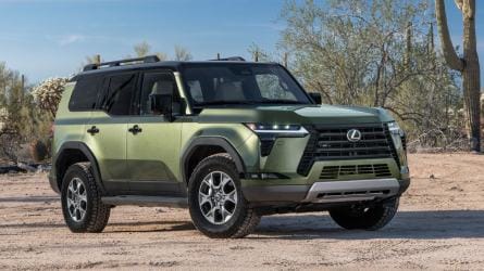 2025 Lexus GX Overtrail in Nori Green with saguaro cactus in the background.