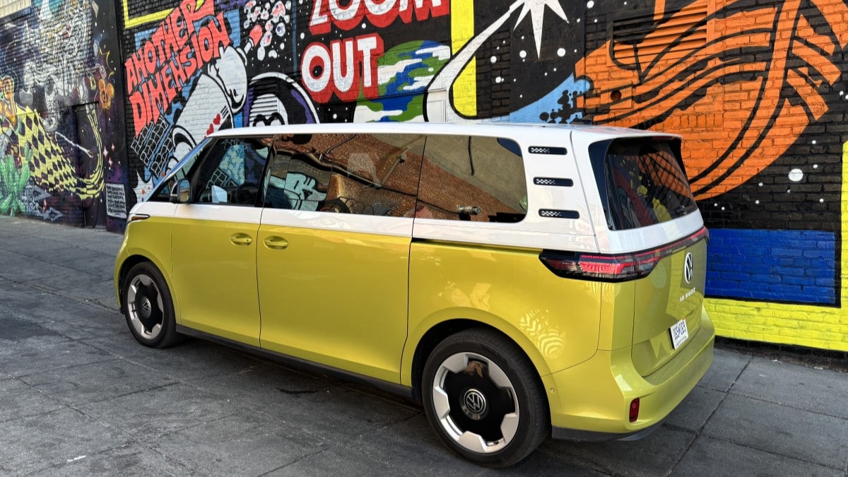 The 2025 Volkswagen ID. Buzz seen from a rear quarter angle