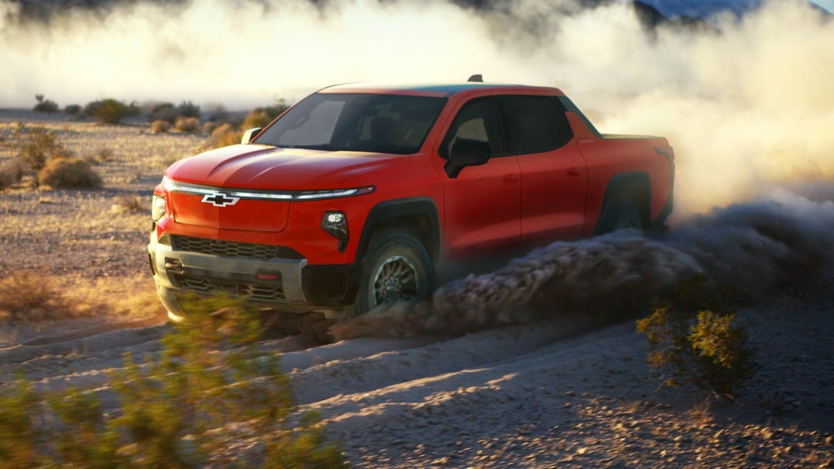 The 2026 Chevrolet Silverado EV Trail Boss seen from a front quarter angle