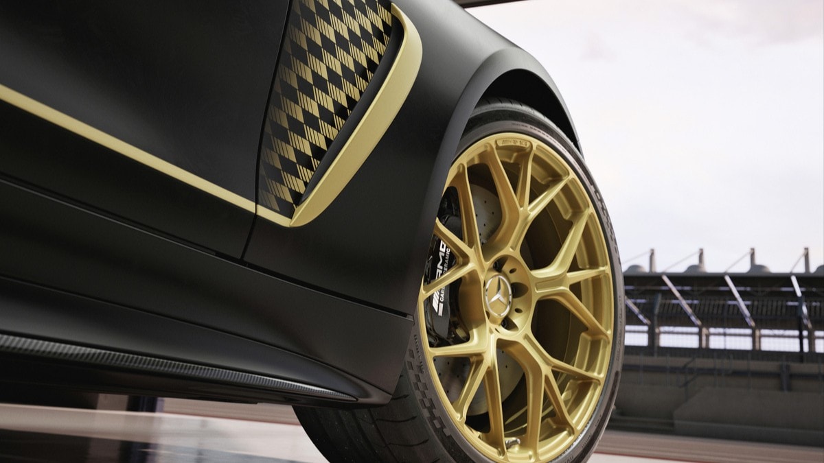 A detail shot of the front wheel of the 2026 Mercedes-AMG GT 63 APGGP Edition