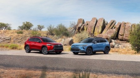 The 2026 Toyota Corolla Cross and Corolla Cross Hybrid seen from front quarter angles