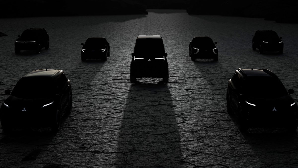 A teaser photo showing silhouettes of planned future Mitsubishi vehicles