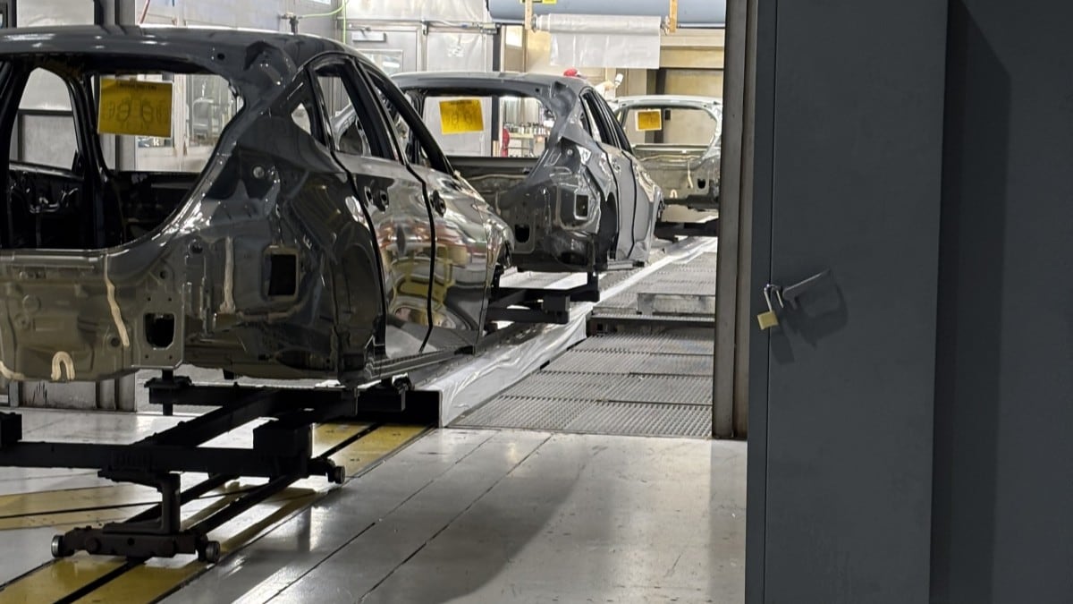 2026 Honda Civic hatchback bodies going into the paint booth at Honda's Indiana Auto Plant