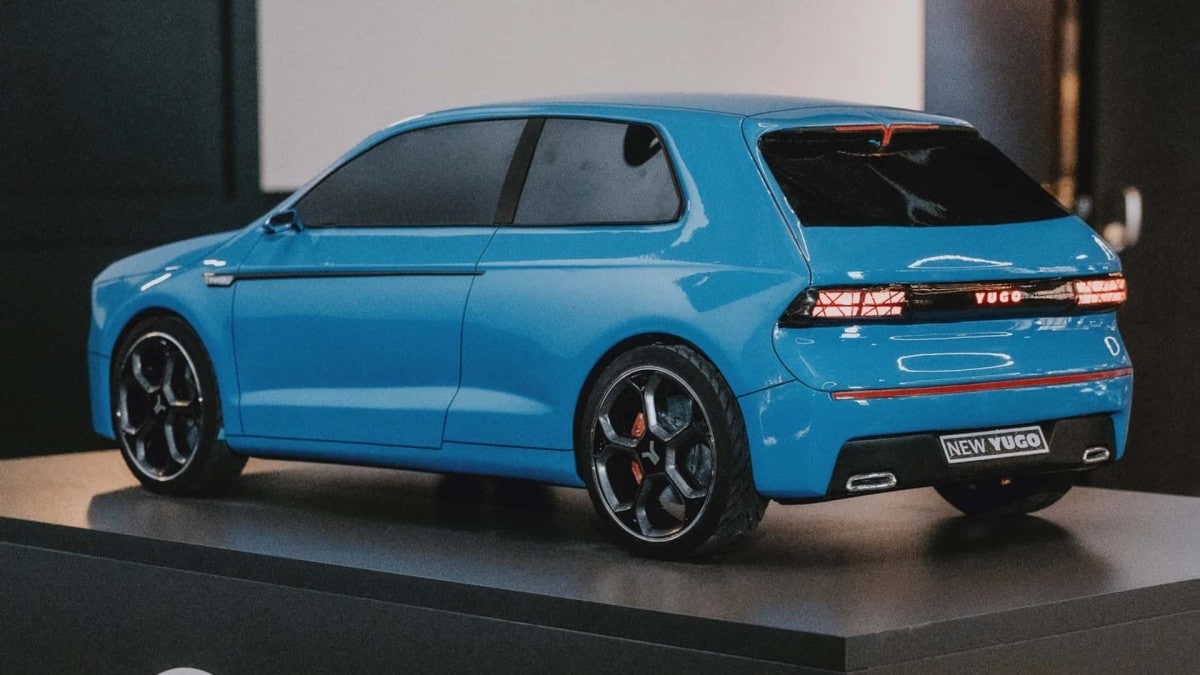 A scale model of a proposed future Yugo seen from a rear quarter angle