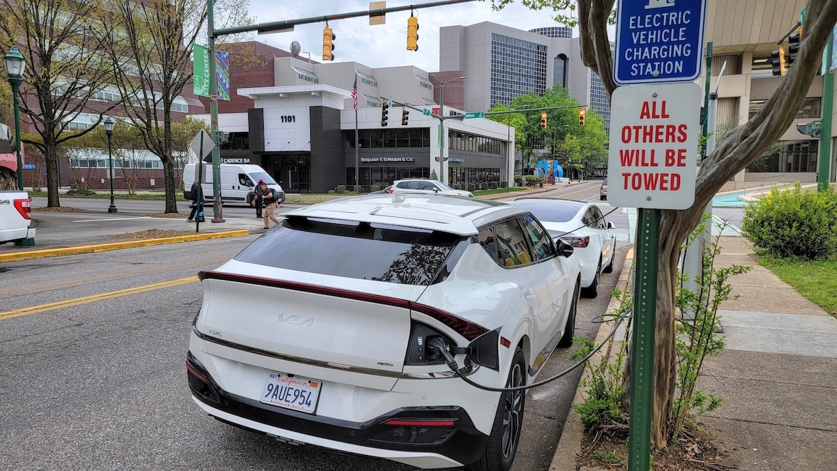 A 2023 Kia EV6 at a public charging station