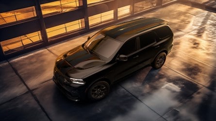 The 2026 Dodge Durango seen from an overhead front quarter angle.