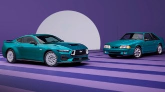 The 2026 Ford Mustang with the FX Package parked with the Fox Body Mustang that inspired it