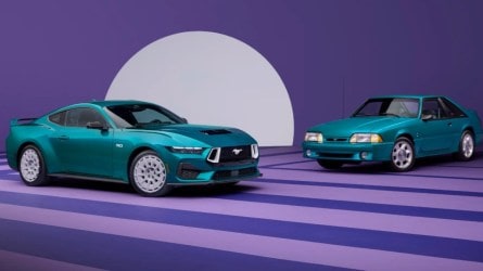 The 2026 Ford Mustang with the FX Package parked with the Fox Body Mustang that inspired it