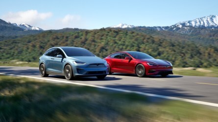 The updated 2026 Tesla Model X and S seen from a front quarter angle