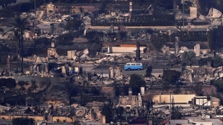 Azul, a 1977 Volkswagen Type 2, as seen amidst the damage from the 2025 California wildfires